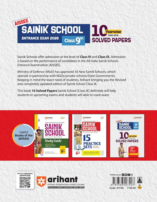 Arihant - AISSEE Sainik School (Class-9) Entrance Exam 2026 | 10 Years Solved Papers (2016–25) English Medium