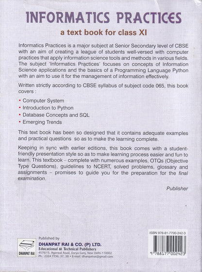 Dhanpat Rai Informatics Practices Class 11 (2026-27) by Sumita Arora (English Medium)