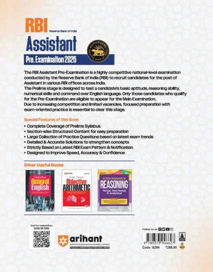 Arihant RBI Assistant Prelims 2026 | Complete Coverage of English, Quant & Reasoning | 2500+ MCQs with Model Solved Paper(English)