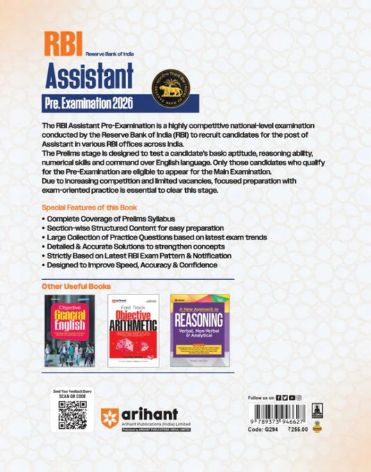 Arihant RBI Assistant Prelims 2026 | Complete Coverage of English, Quant & Reasoning | 2500+ MCQs with Model Solved Paper(English)