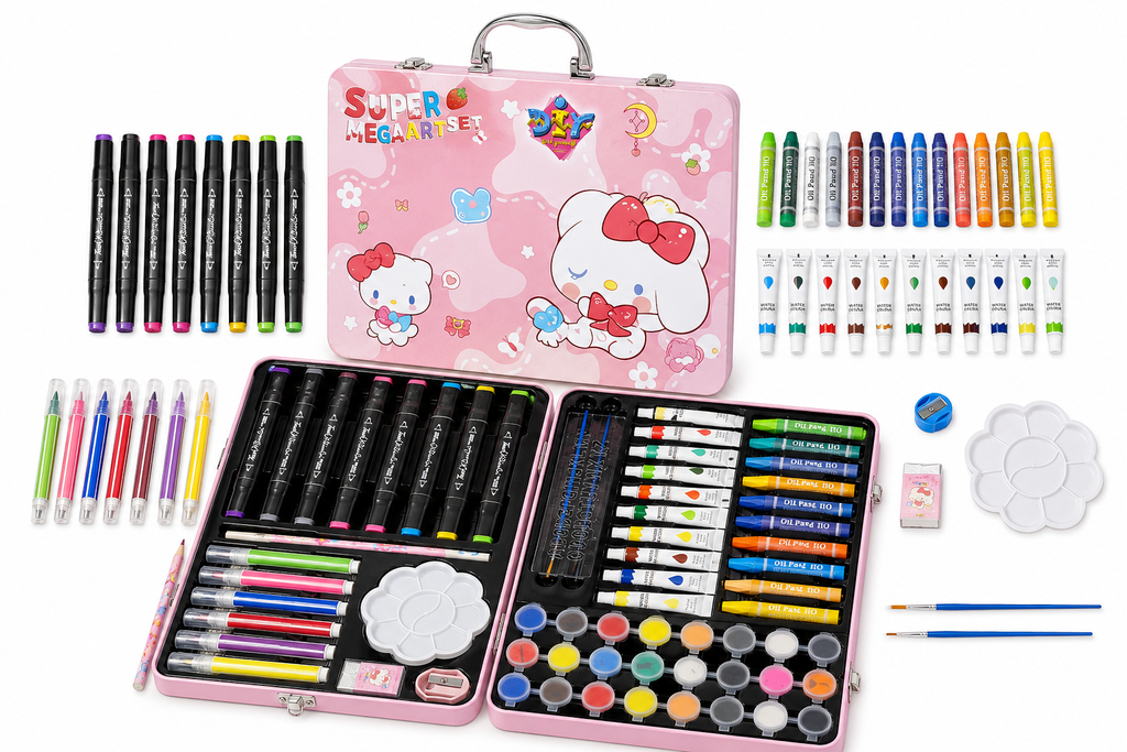 Super Mega Art Set for Kids – 54+ Pieces Drawing & Coloring Kit | Watercolors, Oil Pastels, Sketch Pens, Paints & Accessories | Cute Pink Cartoon Art Box