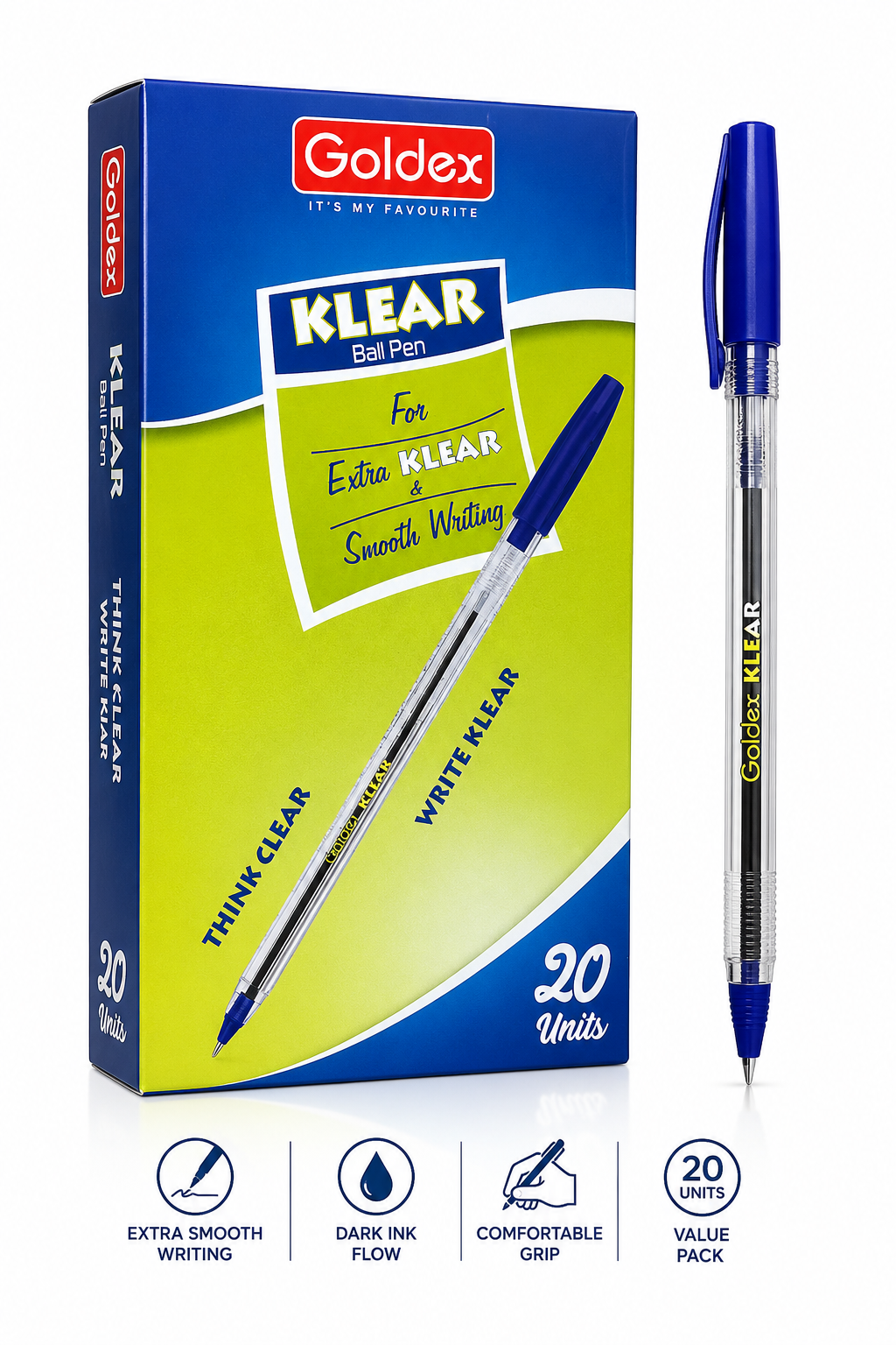 Goldex Klear Ball Pen Blue – Pack of 20 Units – B3books