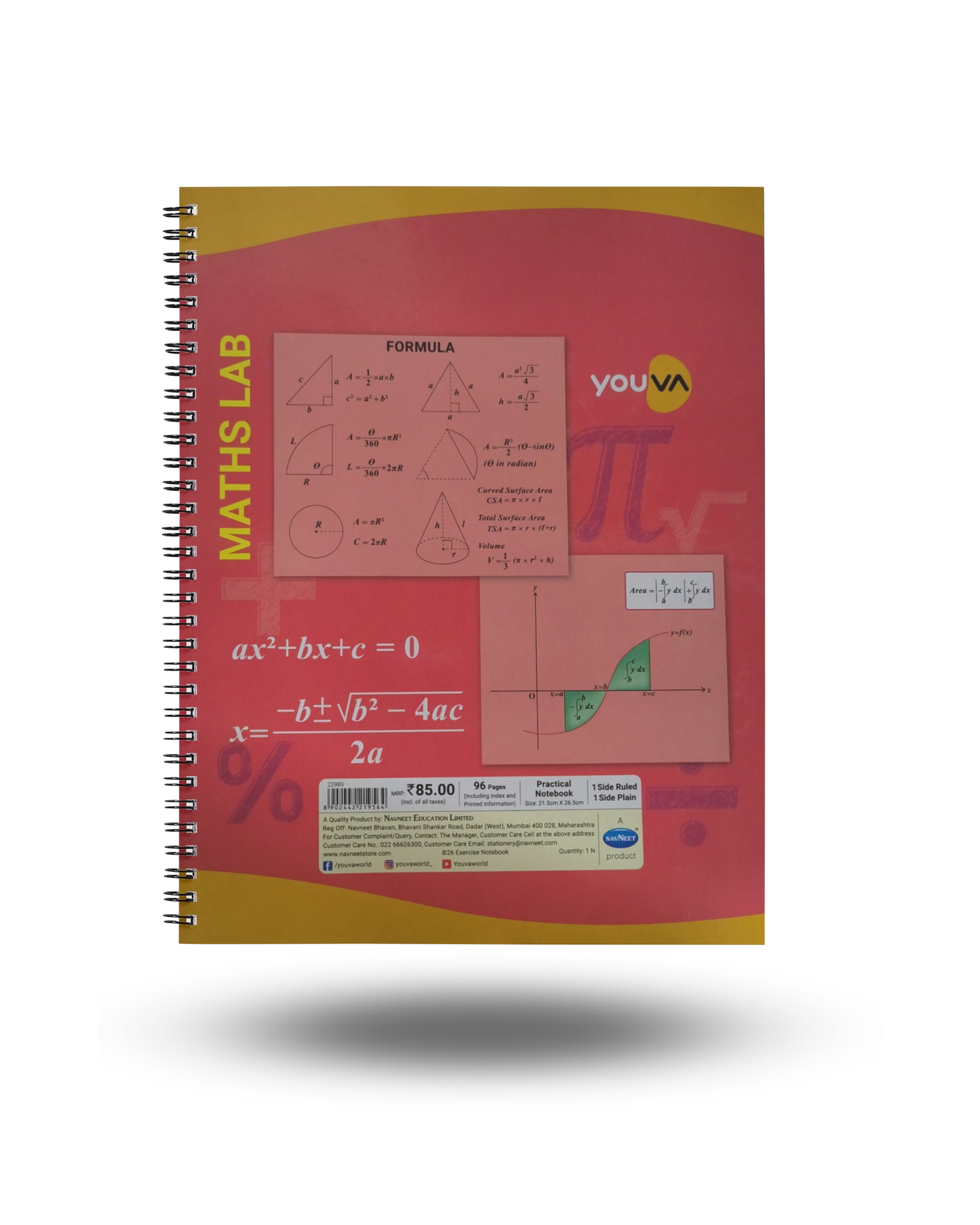 Youva Maths Laboratory Book Pack of 4 – Spiral Bound | 96 Pages (Ruled + Plain) | 21.5×26.5 cm