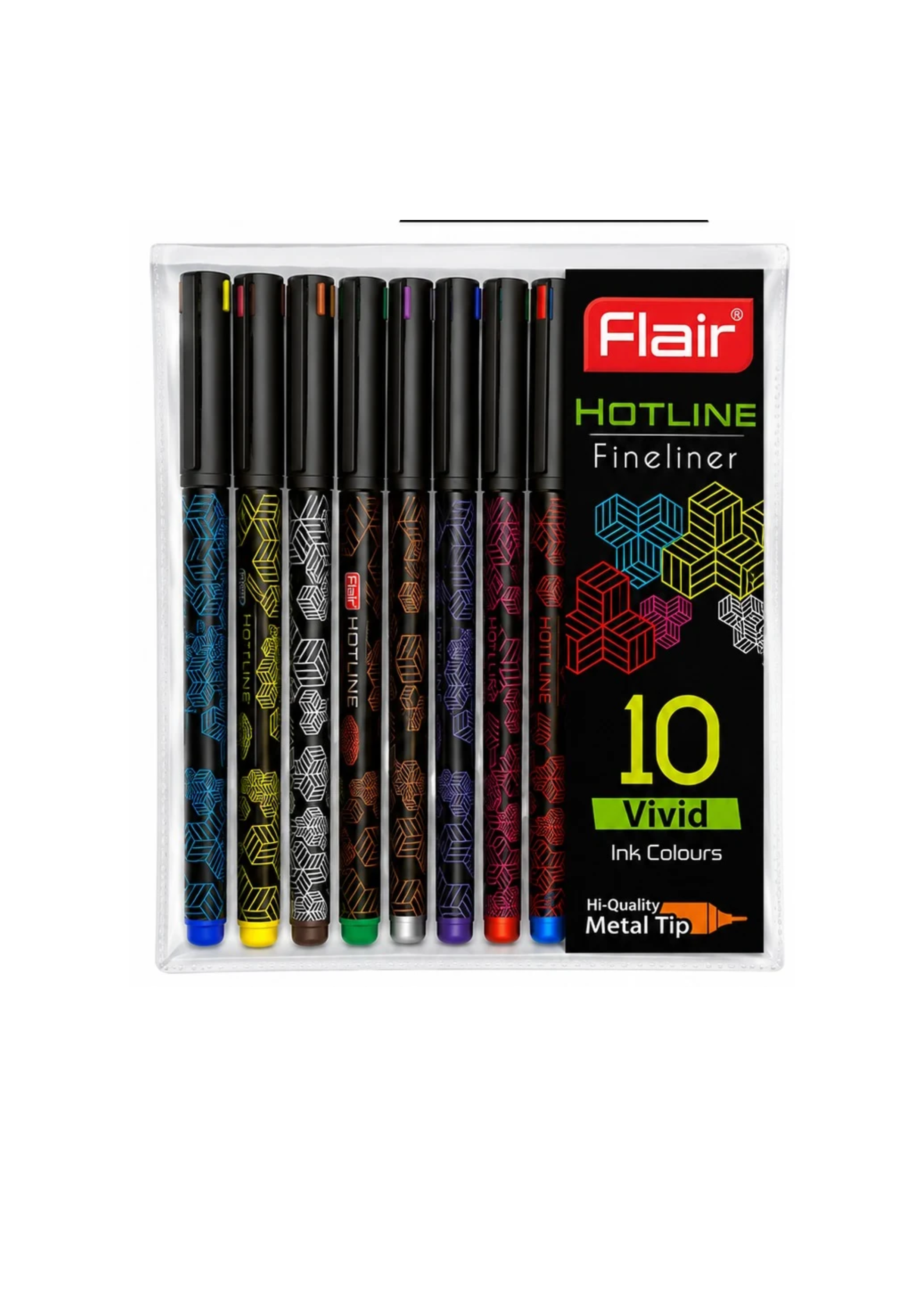 Flair Hotline Fineliner Pens (Pack of 10 Vivid Ink Colors) | High-Quality Metal Tip
