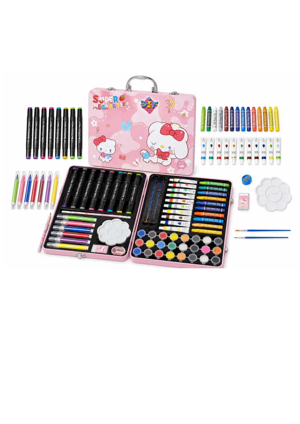 Super Mega Art Set for Kids – 54+ Pieces Drawing & Coloring Kit | Watercolors, Oil Pastels, Sketch Pens, Paints & Accessories | Cute Pink Cartoon Art Box