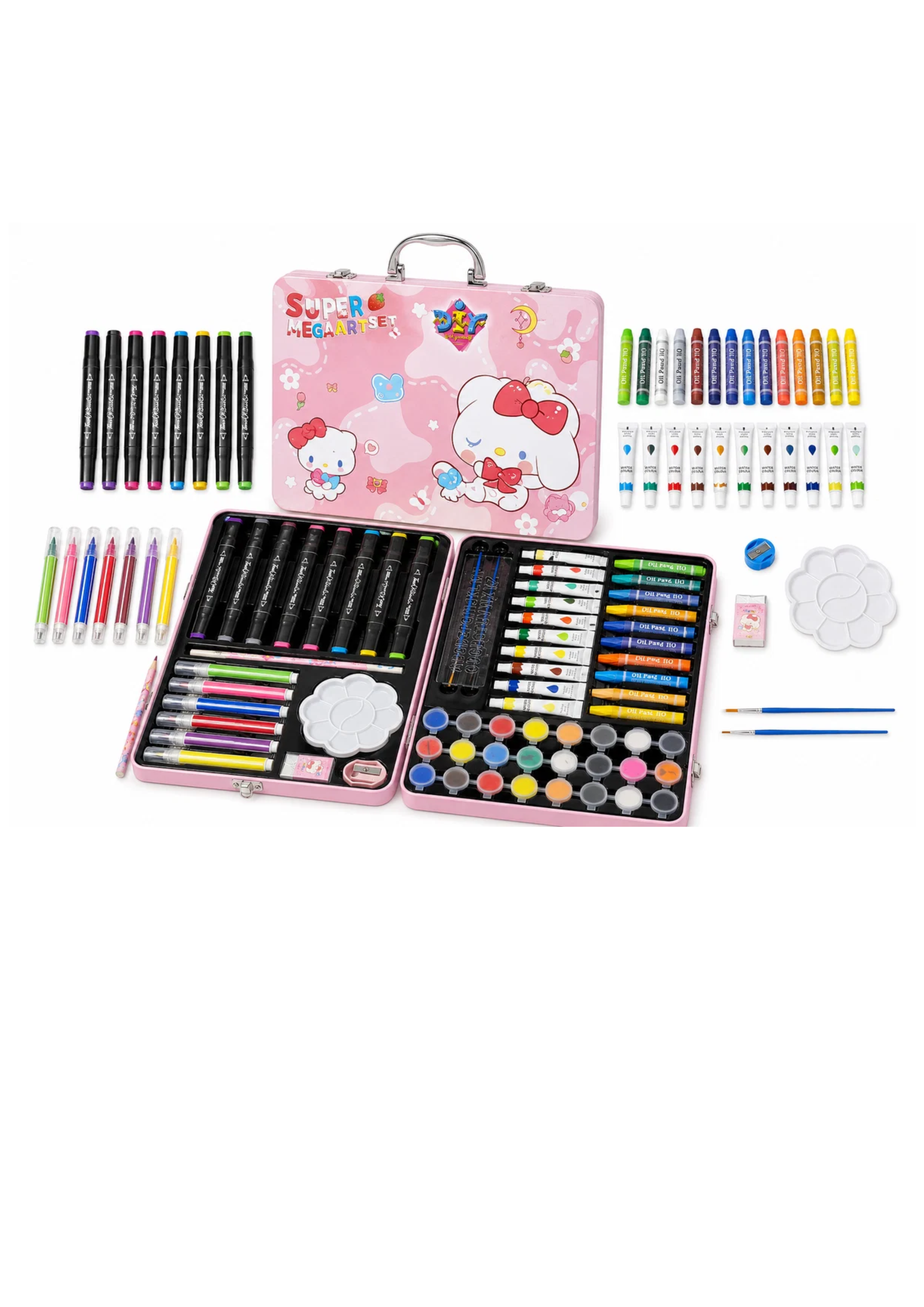 Super Mega Art Set for Kids – 54+ Pieces Drawing & Coloring Kit | Watercolors, Oil Pastels, Sketch Pens, Paints & Accessories | Cute Pink Cartoon Art Box
