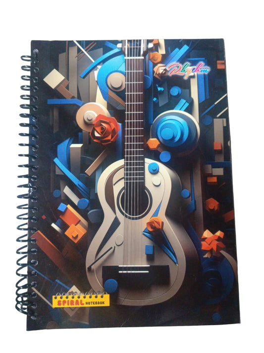 Notebook with a colorful guitar design on a gray surface