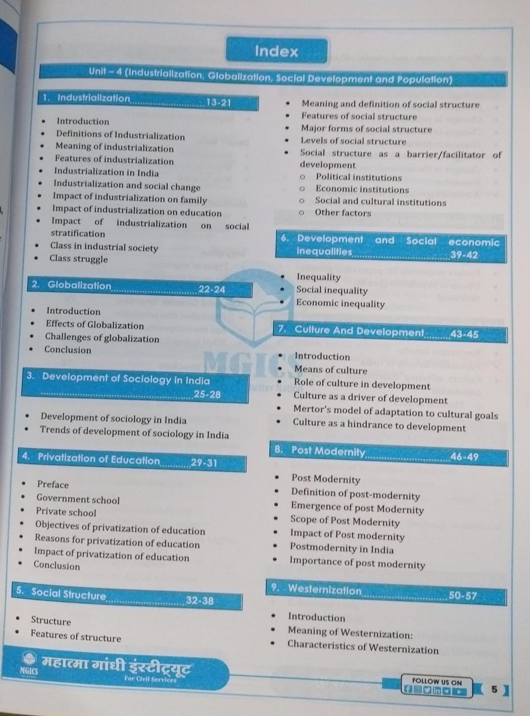 Mahatma Gandhi Institute – MPPSC Mains Paper-2, Part-B, Unit 4 & 5 Industrialization, Globalization & Social Development [English]