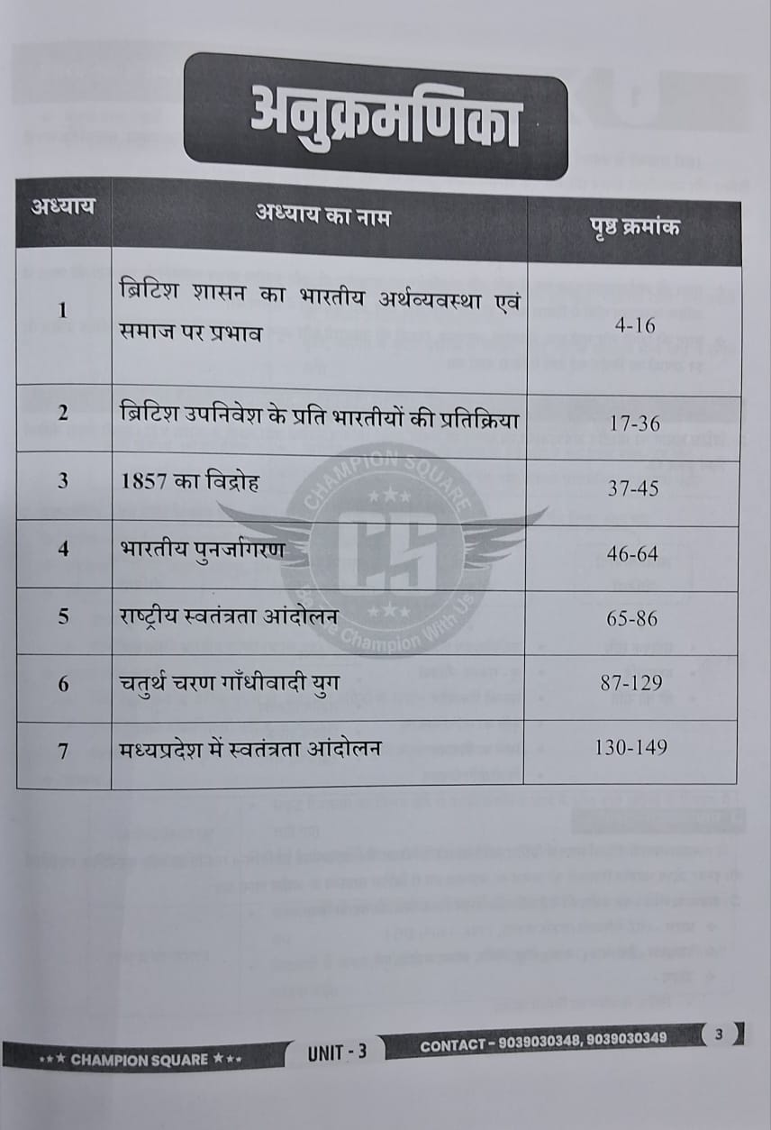 Champion Square - MPPSC Mains Paper-1, Part-A, Unit-3 Adhunik Bharat ka Itihas (Hindi Medium)