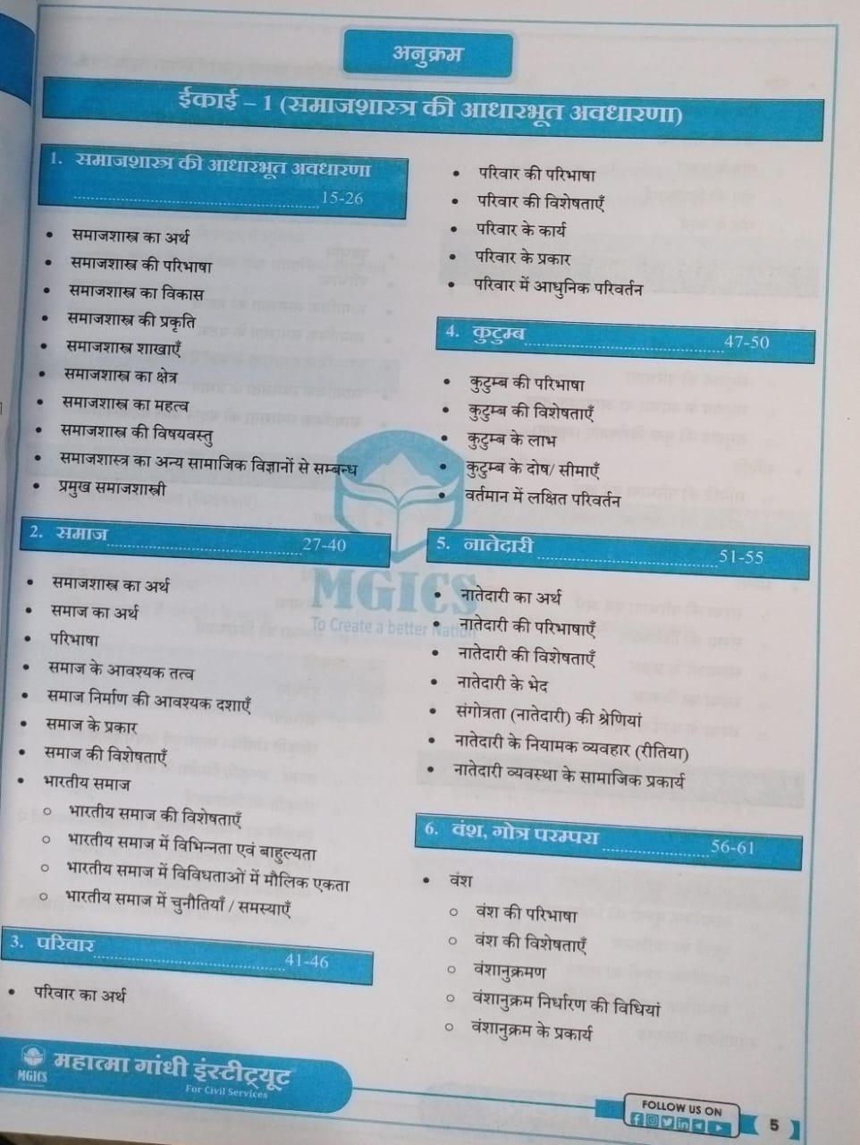 Mahatma Gandhi Institute – MPPSC Mains Paper-2, Part-B, Unit 1,2,3 Samajshastra Aadharbhut Avdharna [Hindi]