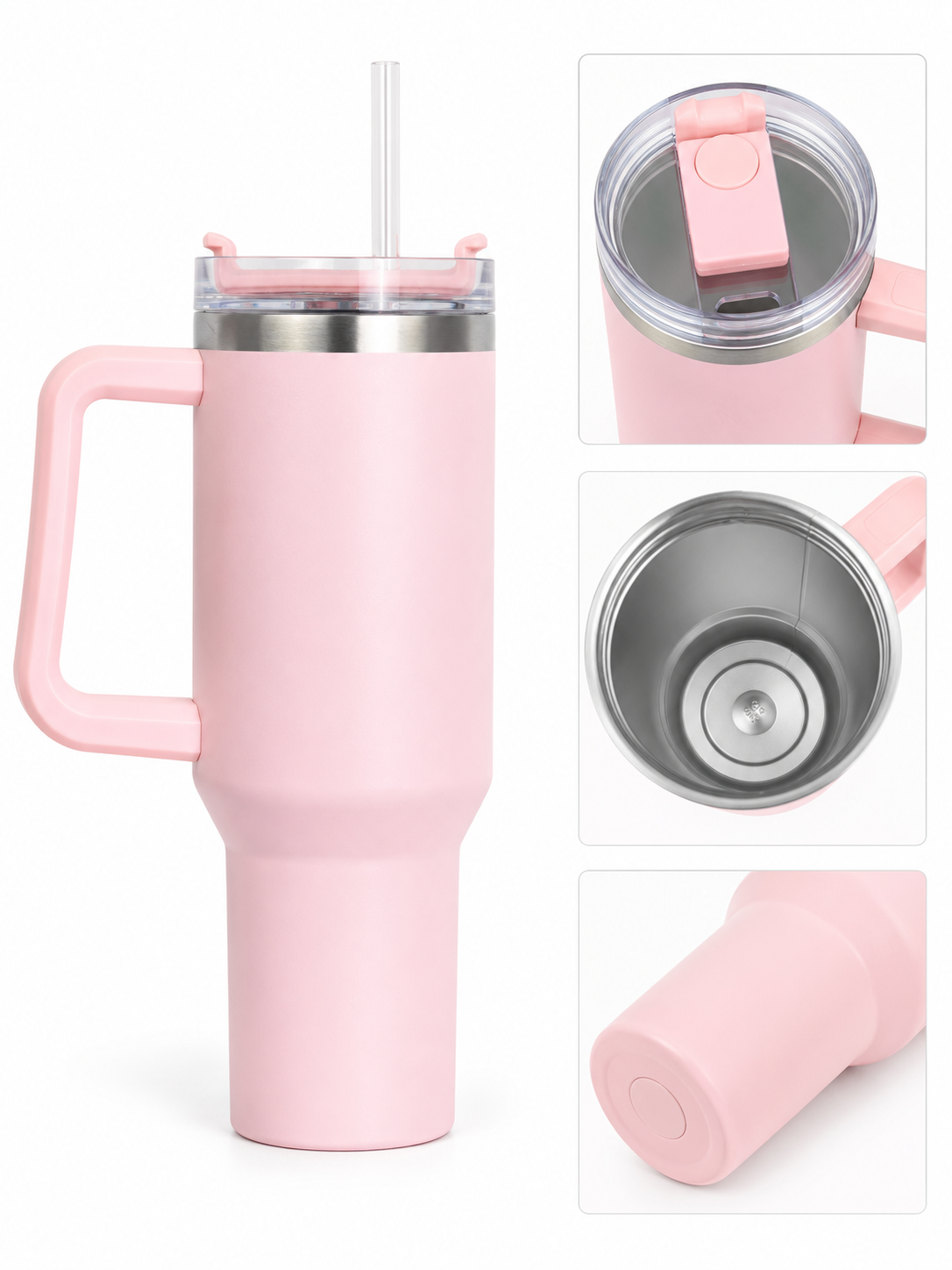 40oz Pink Insulated Stainless Steel Travel Tumbler with Handle & Straw | Double Wall Vacuum Coffee Mug | Leak-Resistant Lid