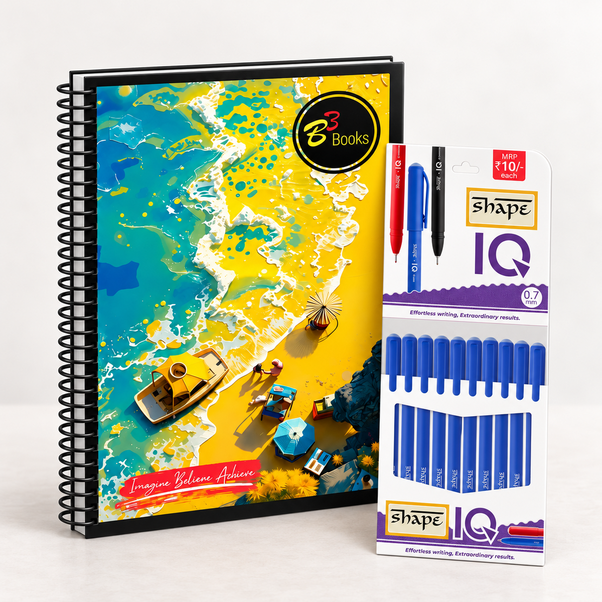 B3 Books Spiral Notebook 200 pages Ruled with Shape IQ 0.7mm Ball Pen Pack | Premium Stationery Combo