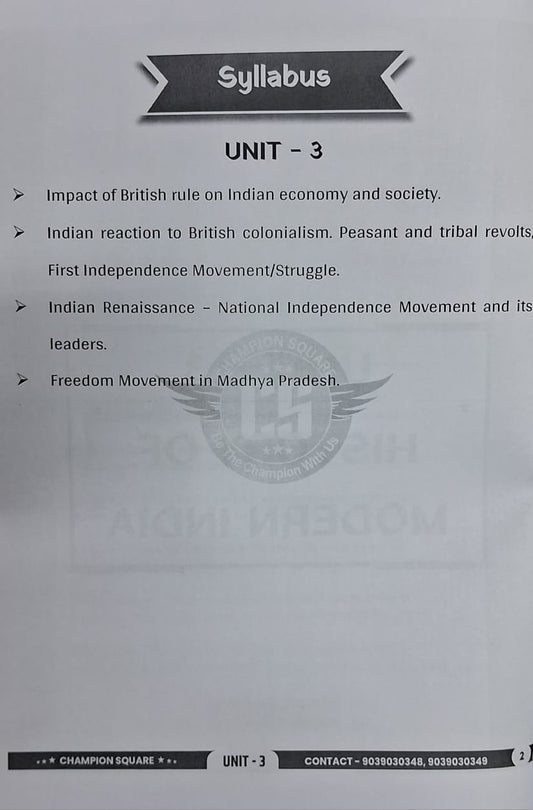 Champion Square - MPPSC Mains Paper-1, Part-A, Unit-3 History of Modern India (English Medium)