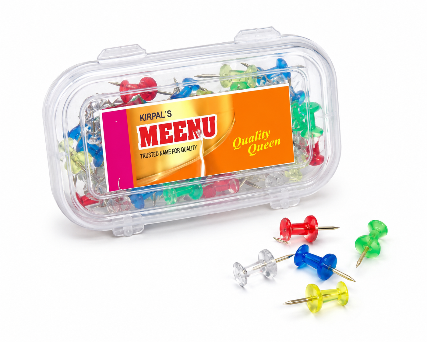 Meenu Quality Queen Color Push Pins with Plastic Storage Box Assorted Drawing Pins for Notice Boards, Office & School