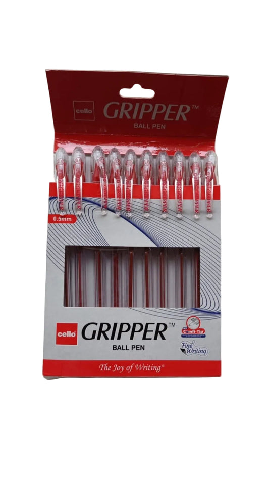 Cello Gripper Ball Pen – Pack of 10 (Red) | Smooth Writing with Comfortable Grip