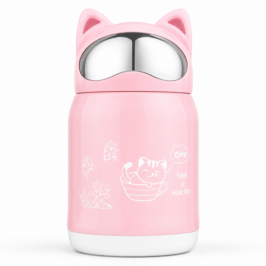 Cute Pink Cat Ear Stainless Steel Vacuum Bottle | Double Wall Insulated Thermal Water Bottle | Leakproof Travel Bottle |