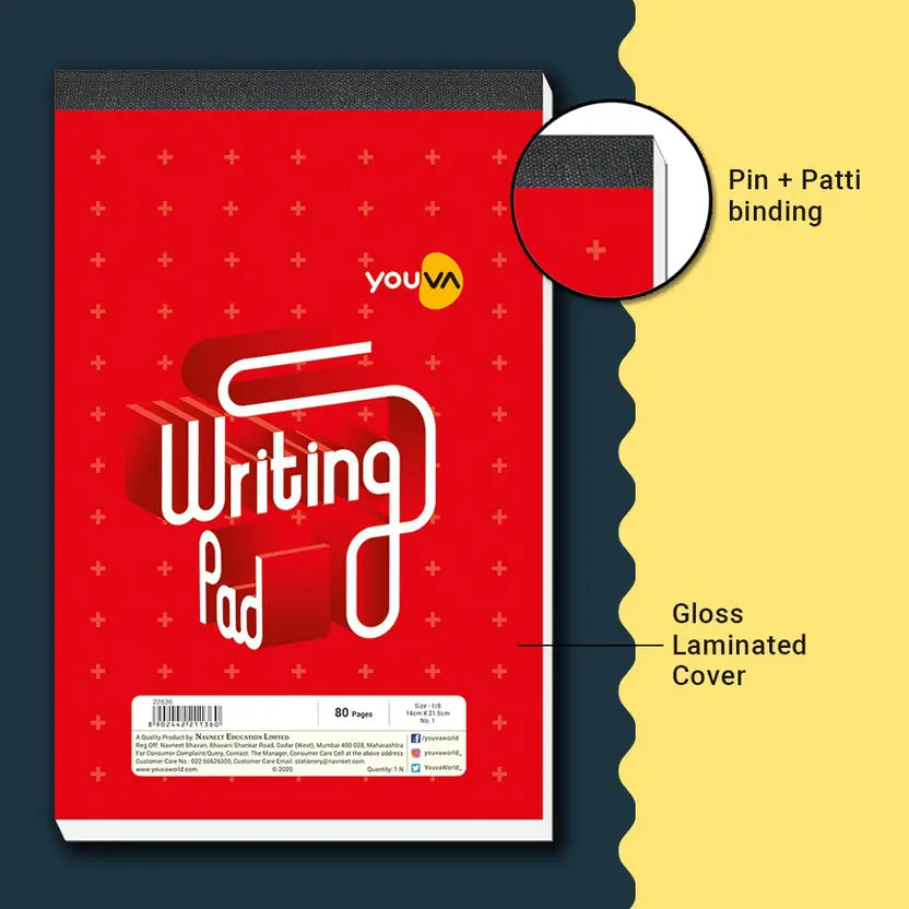 Youva Writing Pad 1 No – 14 × 21.5 cm (1/8 Size), 80 Pages | Unruled