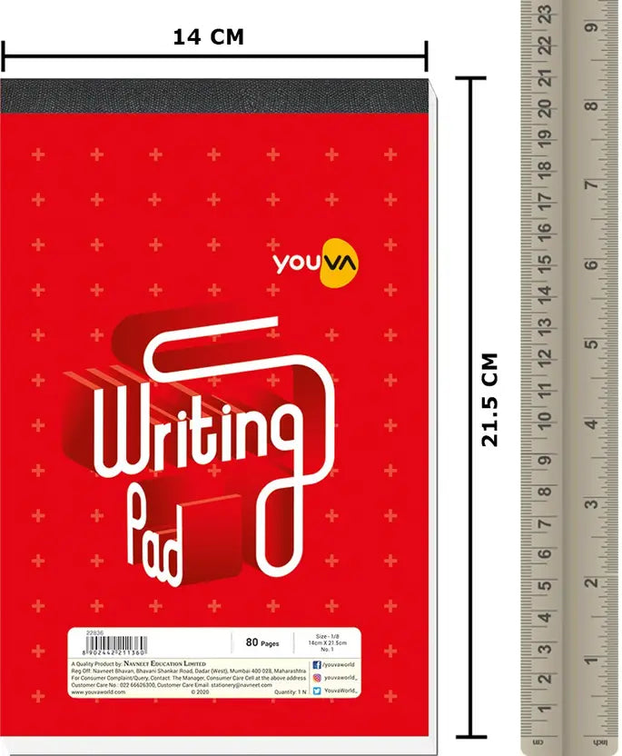 Youva Writing Pad 1 No – 14 × 21.5 cm (1/8 Size), 80 Pages | Unruled